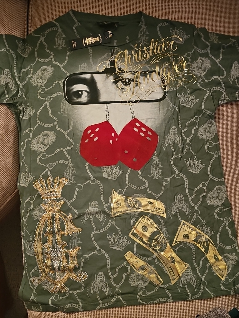Christian Audigier Olive Graphic Tee with Red Dice and Gold Accents